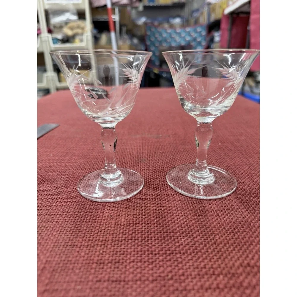 Vintage Crystal wheat etched wine glasses. Clear With Floral‎ Design Set Of 2
